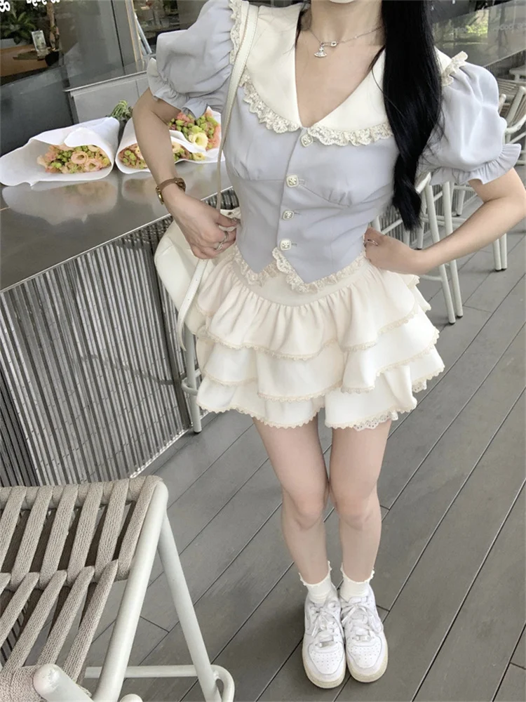 Sweet JK 2 Pieces Sets Women Cute Short Sleeve Top and Mini Pleated Skirt Suits Fashion Lolita Princess Girl Two Pieces Outfit