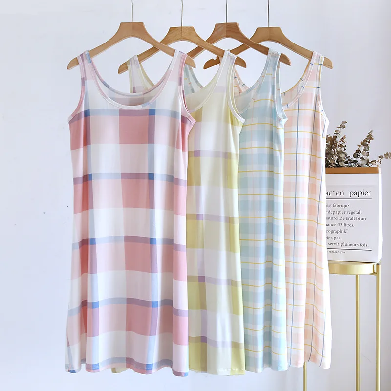Nightdress Ladies Belt Chest Pad Modal Sleeveless Vest DressHome Summer Thin Cool Can Be Worn outside