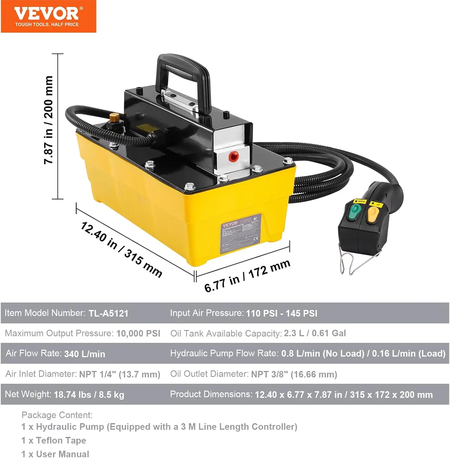 10,000PSI Air Hydraulic Pump, NPT 1/4 In Inlet, Plastic Air Hydraulic Pump with Remote Control Actuator, for Automobile Frame