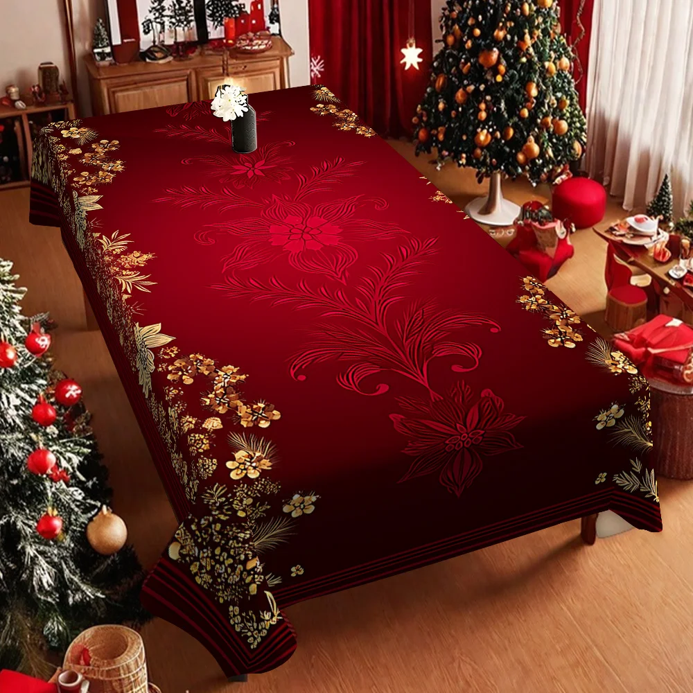 1pc, 2D flat, personalized printed tablecloth (5 sizes available) Red base with golden floral print tableclothzyc