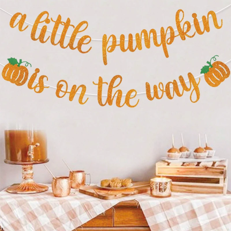 لافتة برتقالية لامعة "اليقطين صغير يطرق على الطريق" - لافتة كشف بين اليقطين لاستحمام الطفل ومستلزمات الخريف لعيد الشكر #3