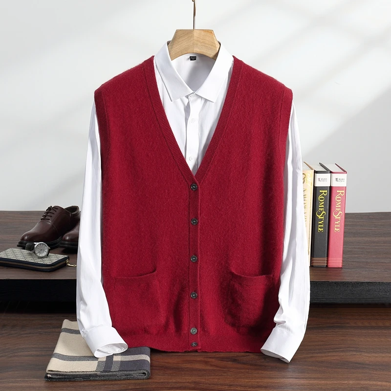 Spring and Autumn New Men's Sweater 100% Cashmere Knitwear Shoulder Sleeveless Bottom Vest Casual Business V-neck Cardigan