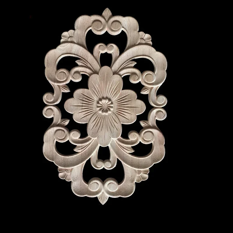 Rubber Wood Applique for Furniture Flower Decoration Wood Carving Onlays Luxury Living Room Decoration Decal Floral Home Decor
