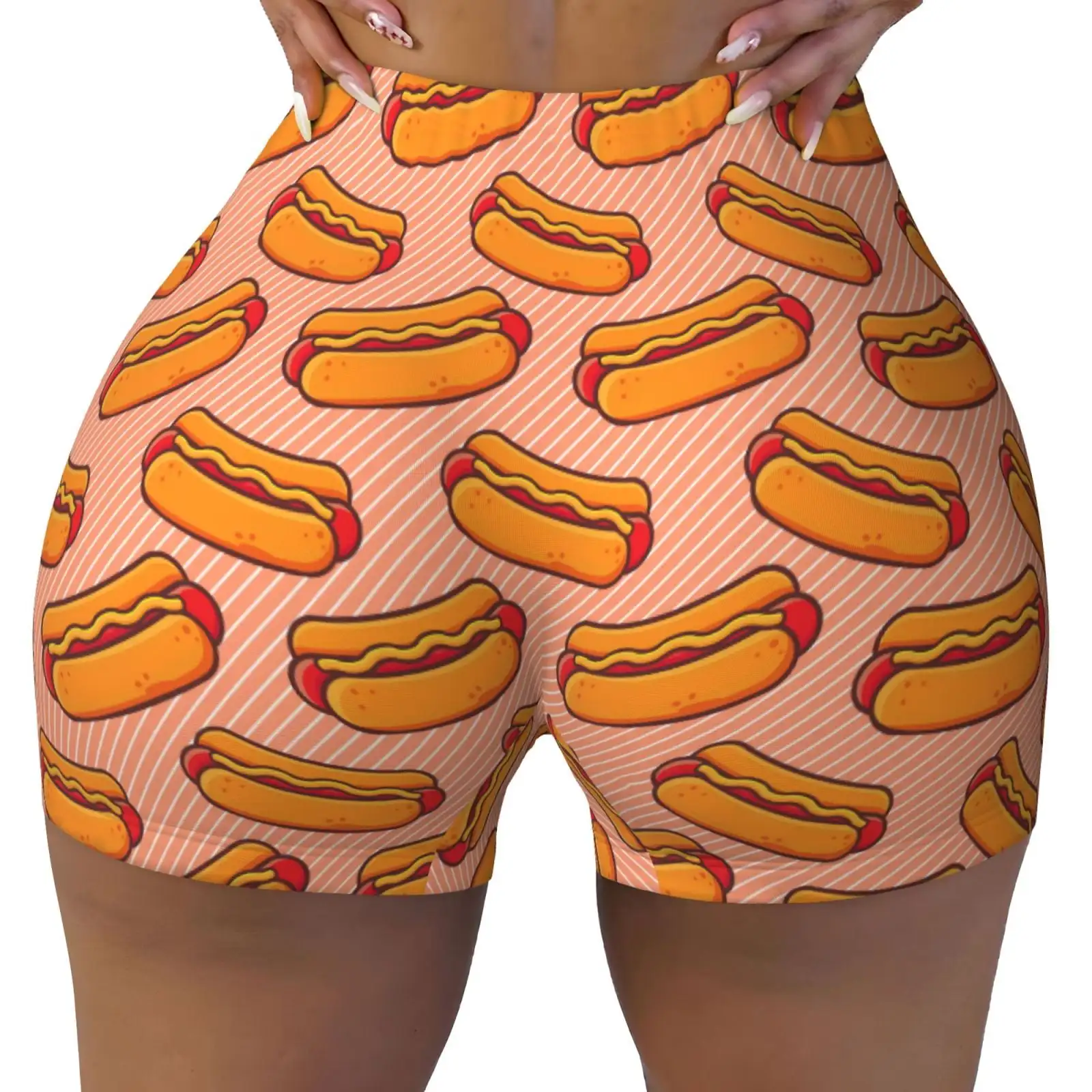 Cartoon Hot Dog Print Workout Shorts for Women Soft Smooth Gym Yoga Scrunch Active Tennis Workout Running