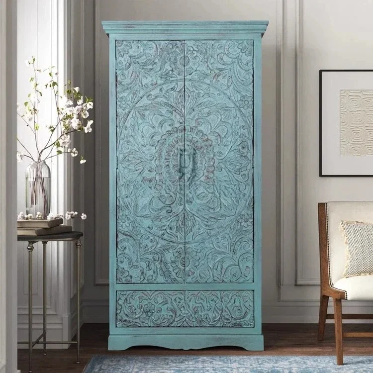 A  American Retro Old Solid Wood Carving Flower Wardrobe Double Door Wardrobe Bedroom Small Apartment Locker