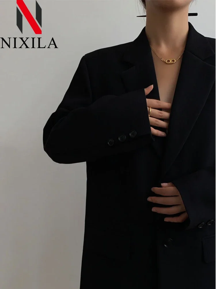 Damen Loose-Fit Schwarze Anzugjacke Vintage Casual Streetwear Blazer Oberbekleidung Mode Herbst Wintermantel
