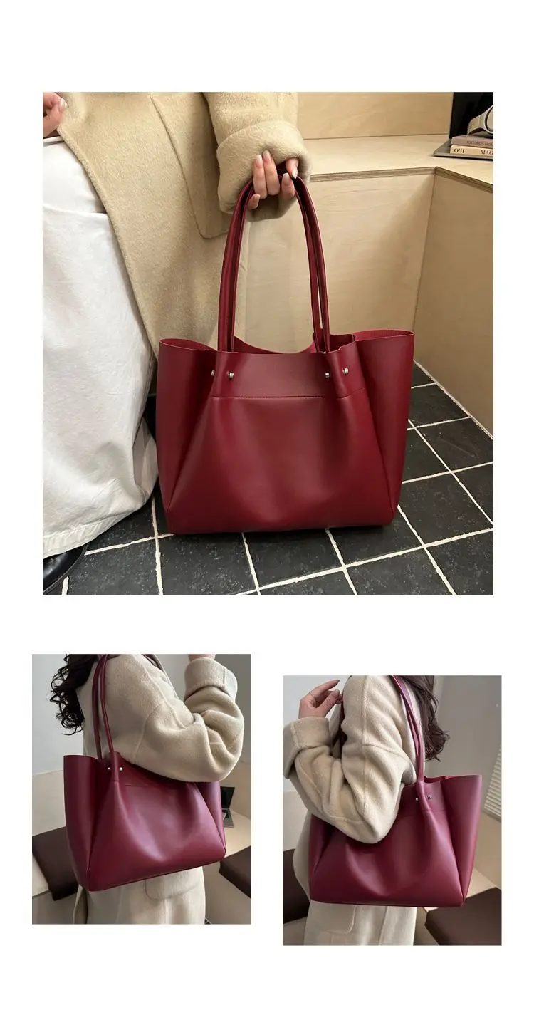 Large Capacity Tote Bag Women's New Retro Versatile College Student Texture Class Travel Commuting PU Bag