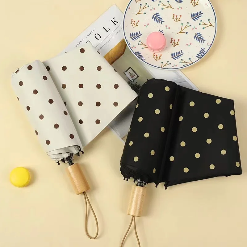 Classical Polka Dot Print Umbrella Black Coating Sunscreen Sunny Umbrella Rain Female Automatic Three Folding Umbrella Gifts