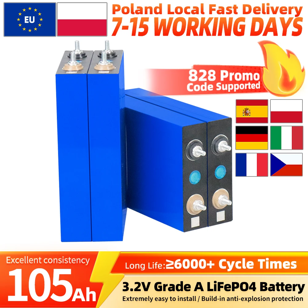Akumulator LiFePO4 3.2V 105Ah, ogniwa litowo-żelazowo-fosforanowe klasy A, wbudowana ochrona przed wybuchem, 6000 cykli, do samodzielnego montażu, systemy 12V/24V/48V/96V, do kamperów, magazynowania