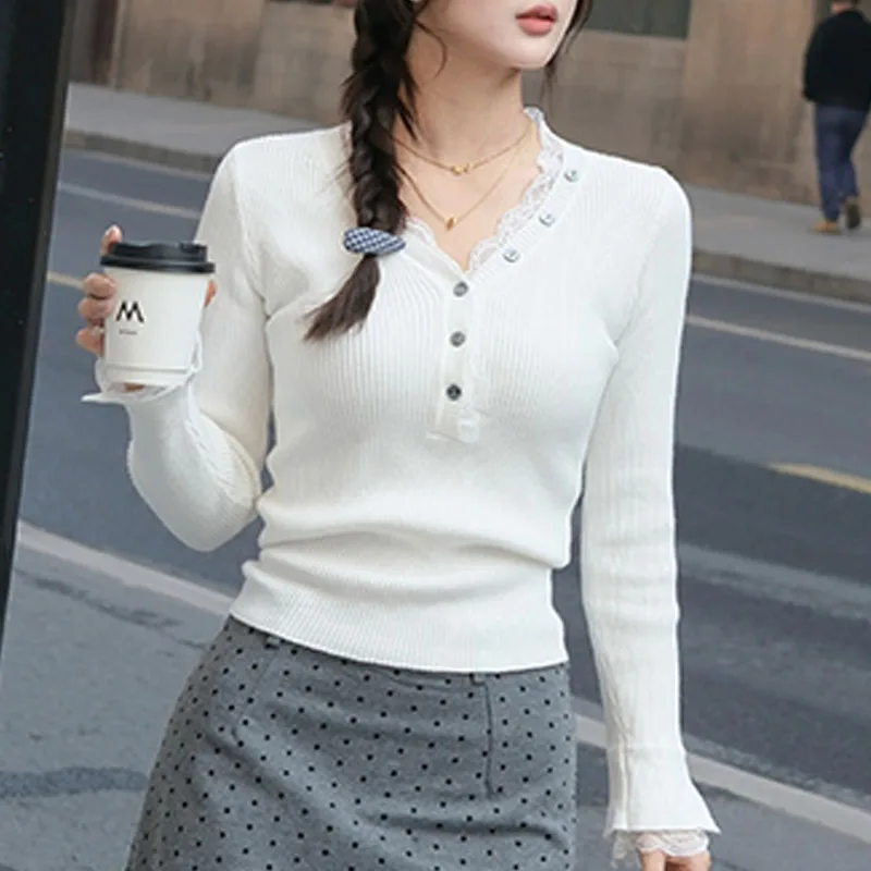 

Вязаный свитер, женские пуловеры, новый кружевной белый вязаный свитер с длинным рукавом и v-образным вырезом, пуловер, женские топы, свитера, женская одежда Q1150