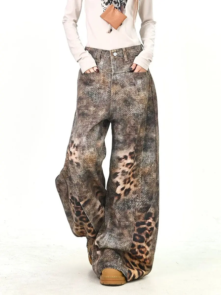 Y2K Leopard Print Jeans Loose Fit Style Floor Length Pants American Street Trend for Women Spring