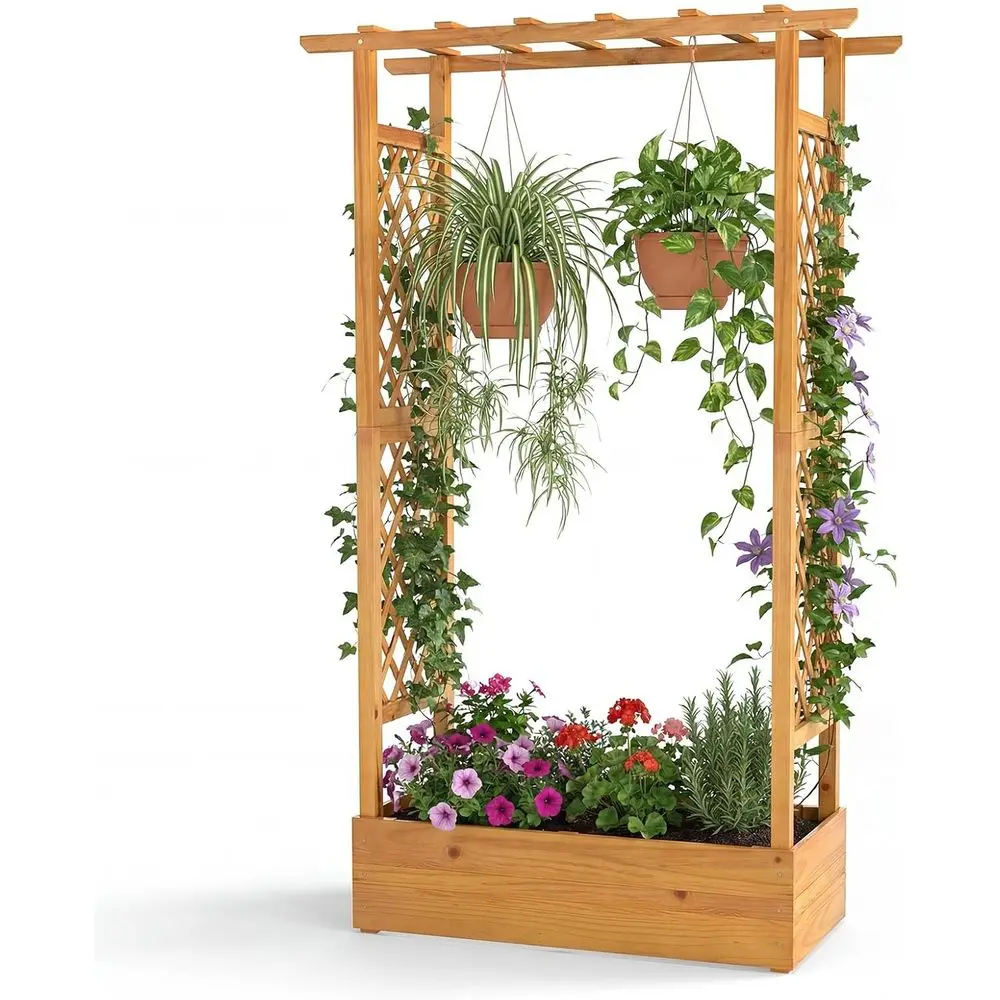 70 Elevated Wood Garden Bed with Trellis, Hanging Baskets, Dual Side Trellises, Open Base, Ideal for Vegetables and Climbing Pla