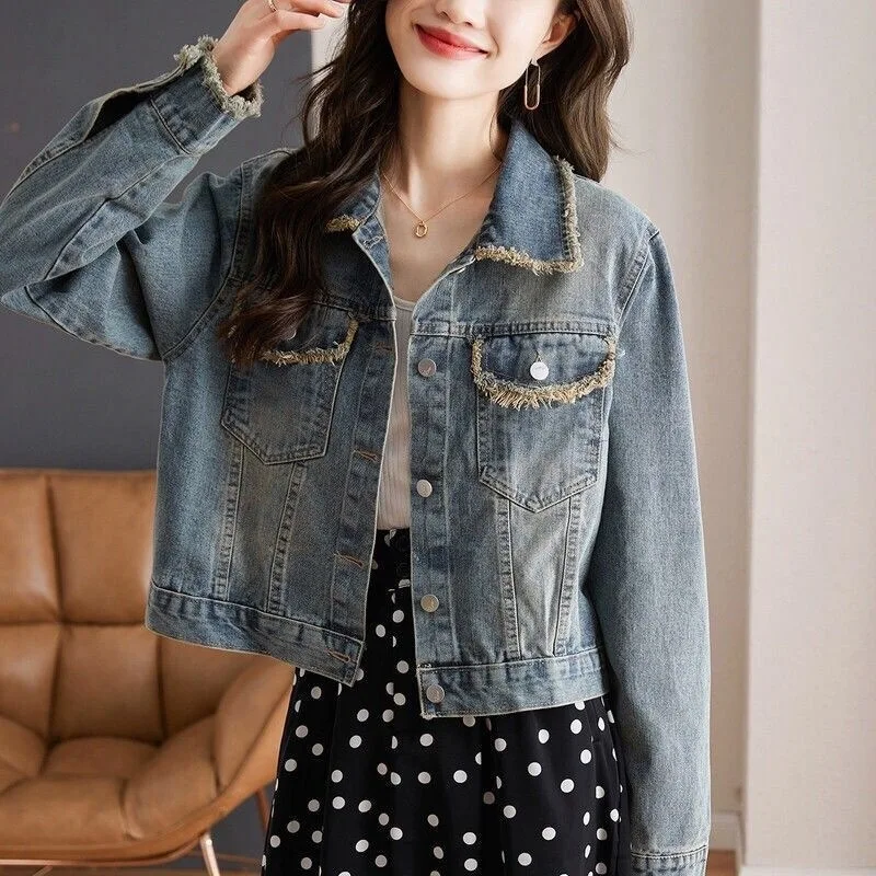 

Retro Raw Edge Denim Jacket Women Spring Autumn Loose fit BF Style Versatile Short Cardigan Coat Classic Lapel Long Sleeved Top