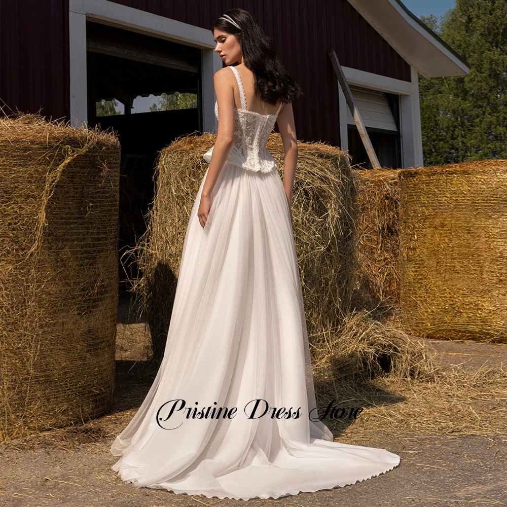 تخصيص تول الجانب الشق فستان الزفاف المدني المرأة الحديثة تول ساحة طوق يزين الدانتيل ألف خط بلا أكمام زي العرائس #2