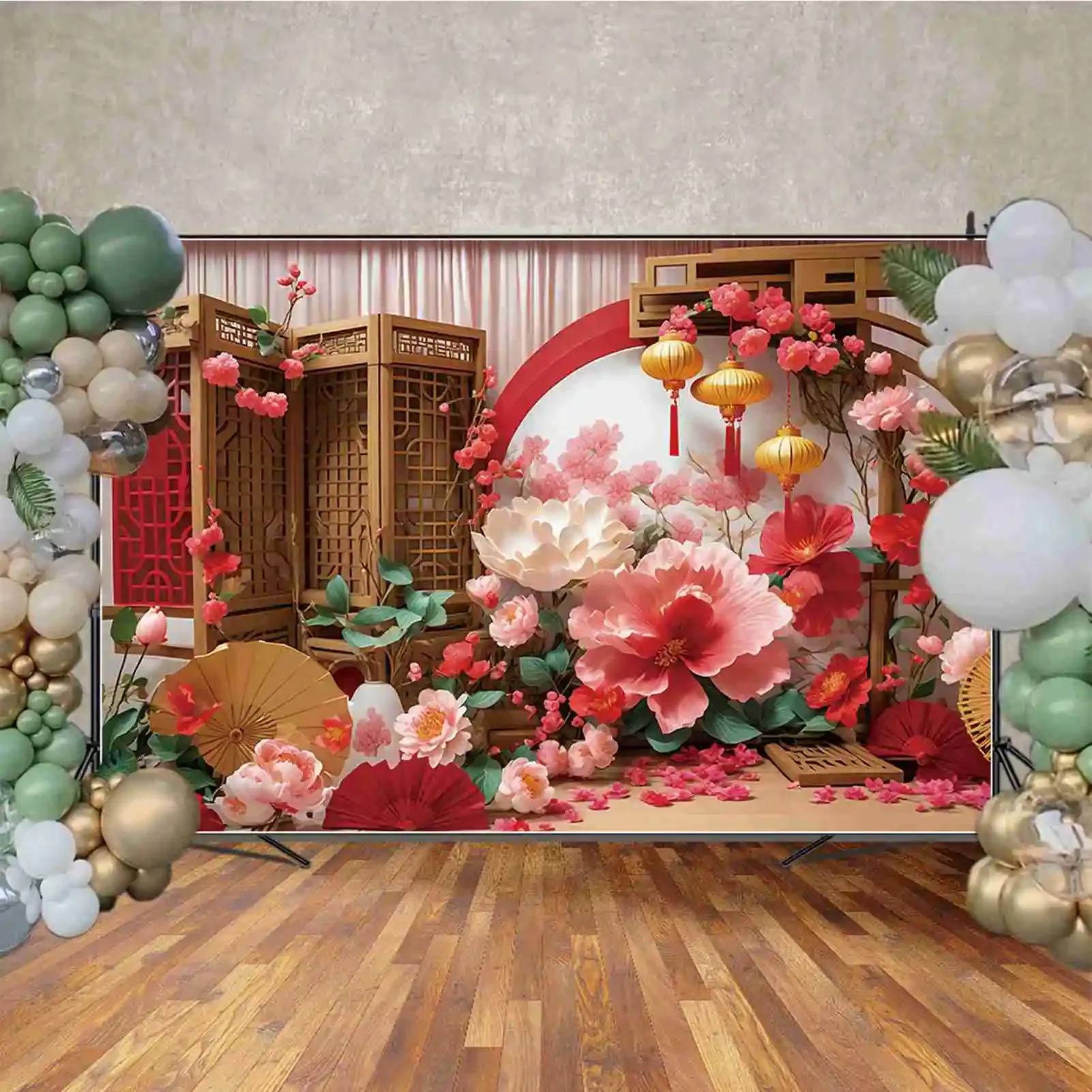 MOON.QG Classical Chinese New Year Background Photography Candle Fan Golden Lantern Photozone Backdrop Baby Studio Accessories