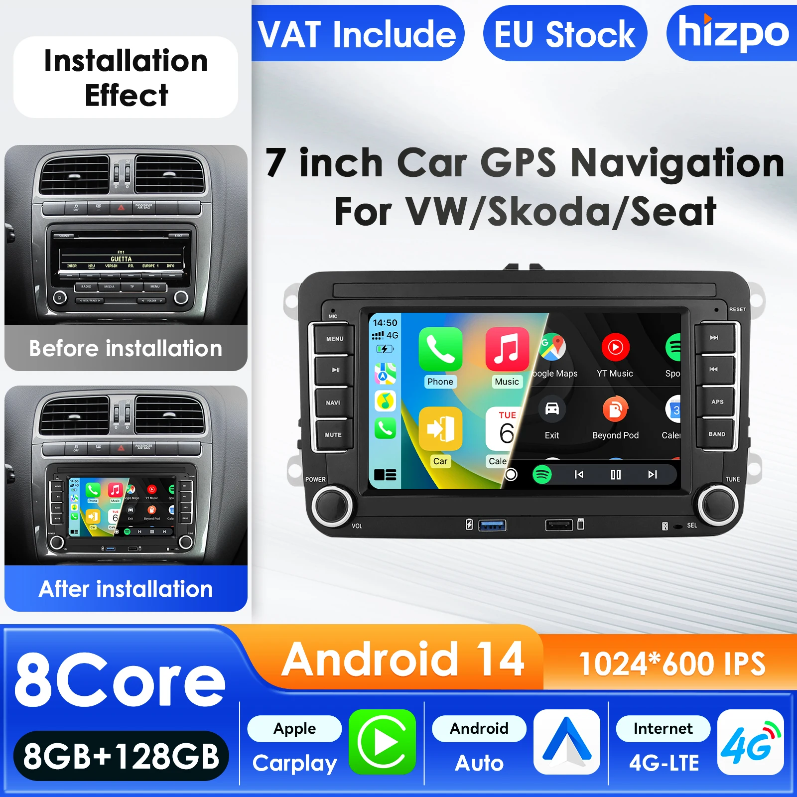 هيزو 2Din 7 ''Carplay 4G AI أنظمة أندرويد 14 راديو السيارة لفولكس واجن فولكس فاجن باسات B6 B7 T5 تيغوان توران جولف بولو Autoradio