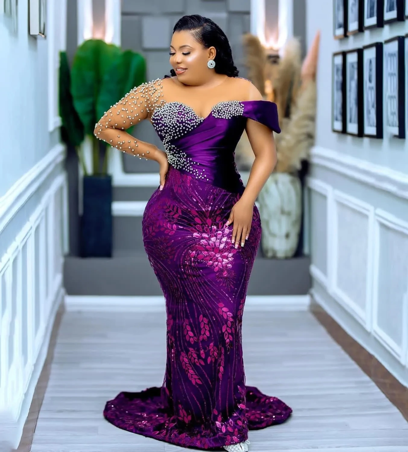 Purple African Aso Ebi Evening Dresses Mermaid One-shoulder Lace Pearls Formal Party Gown Prom Dresses For Black Girls