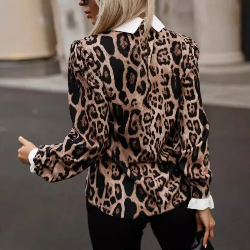 Women\'s Casual Blouses Spring Autumn New Fashion Fake Two Piece Leopard Print Long Sleeve Shirt For Women Elegant Pullover Tops