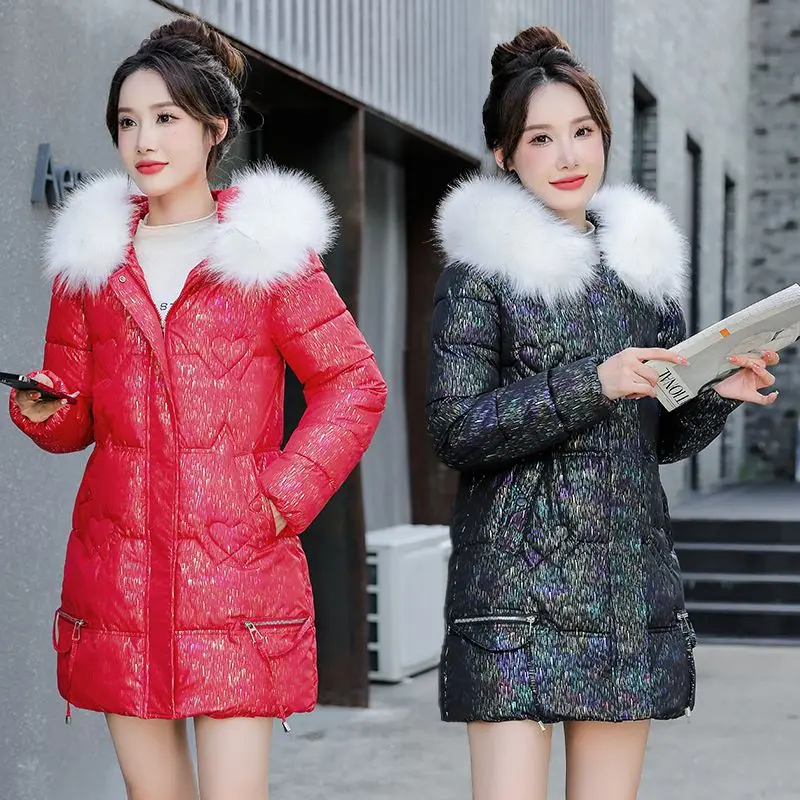 Winter Down Cotton Jacket for Women Medium Length Hooded Fake Fur Collar Padded Coats Korean Style Slim Outerwear Parka 2024