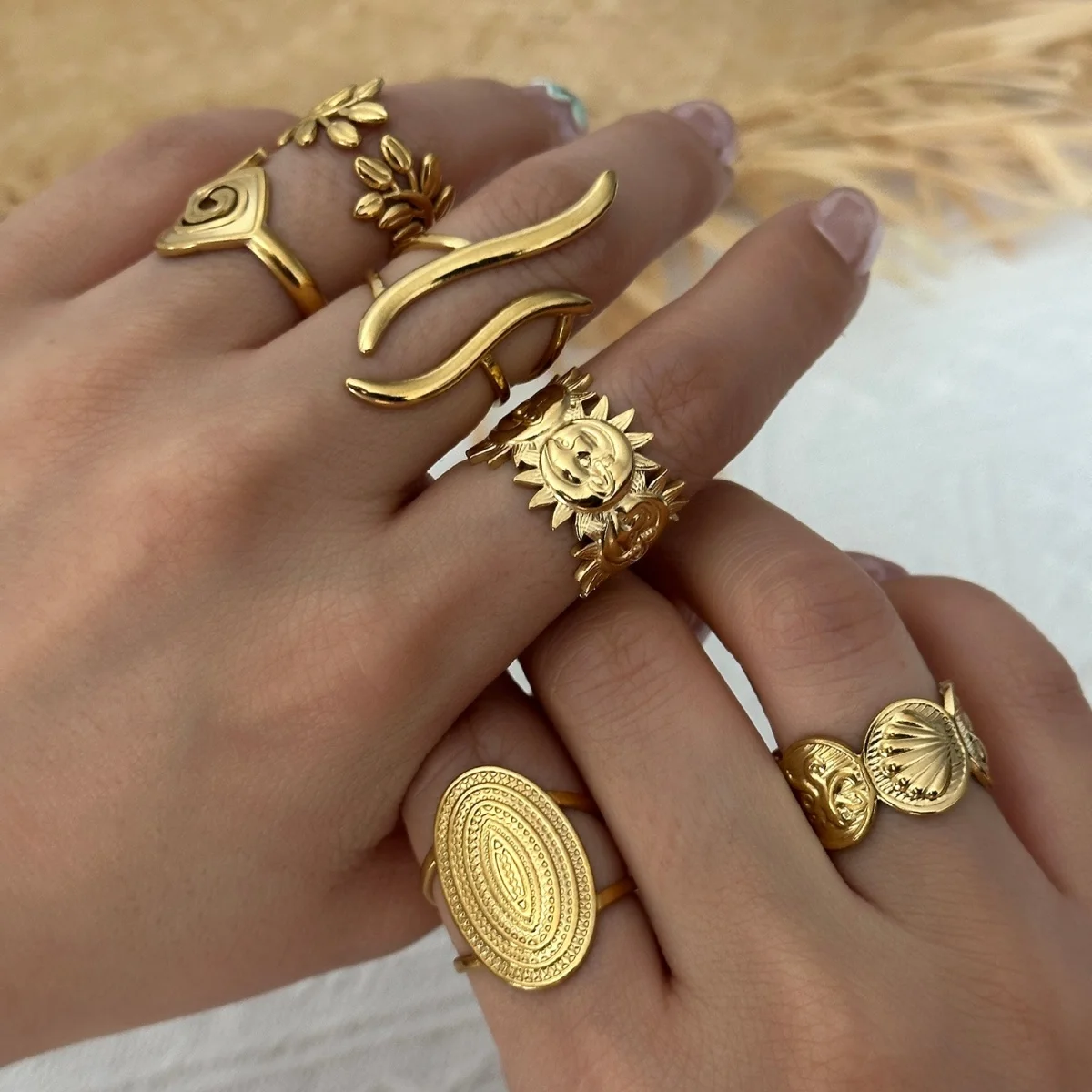Vintage Stainless Steel Sun Flower Leaf Shell Pattern Rings For Women Men Punk Fashion Geometric Spiral Oval Finger Ring Jewelry
