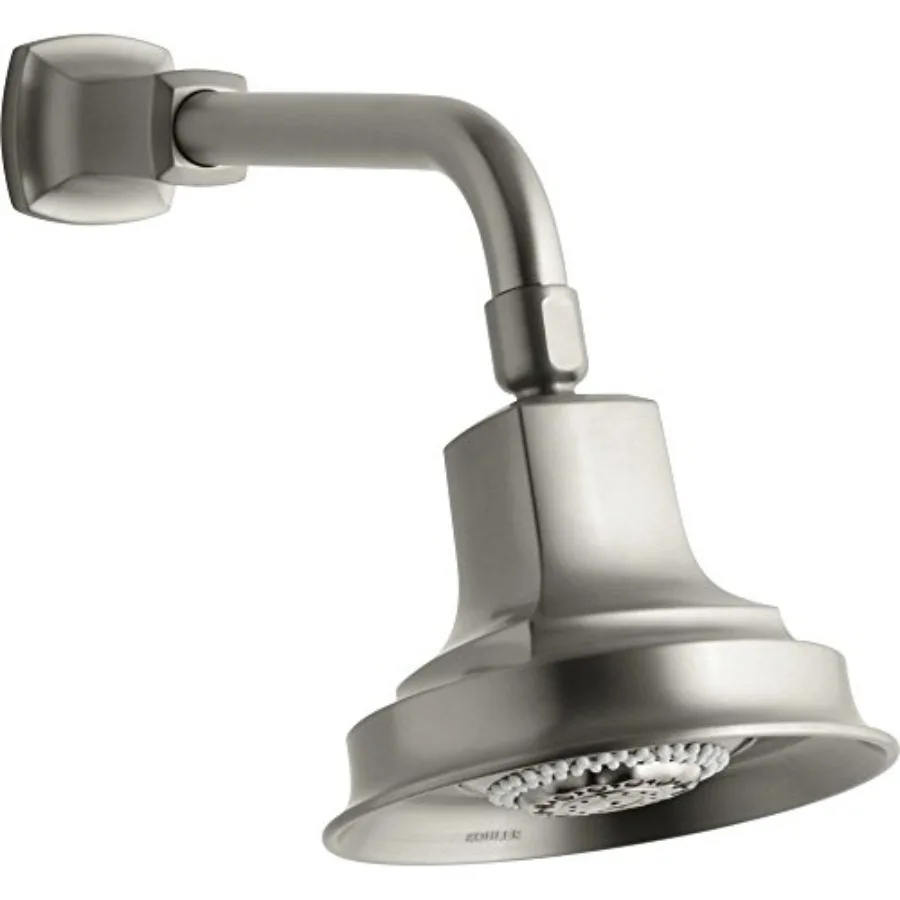 

Multifunction showerhead for bathroom use, brushed nickel finish, vibrant metallic tone, adjustable spray modes and water-savin