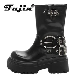 Fujin 9cm stivali da neve da donna in vera pelle piattaforma traspirante stivaletti in pelliccia di peluche scarpe calde stivali invernali da donna moto Punk