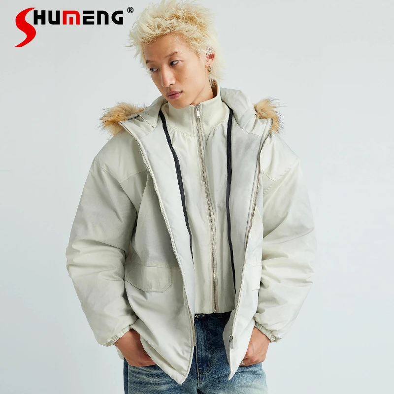

Men Women 2025 Autumn Winter New Loose Double-layer Zipper Parka Jackets Fashion Detachable Fur Collar Multi-pocket Cotton Coats