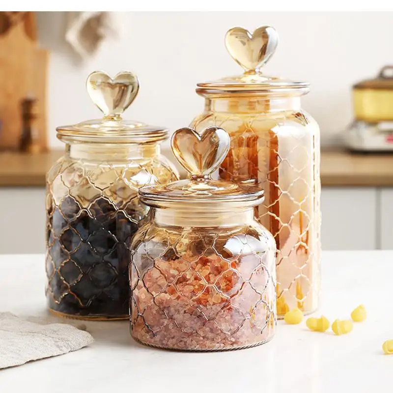 

Stained Glass Jar Grain Dispenser Love Glass Bottle Household Transparent Sealed Kitchen Food Storage Jar Pickle Jar with Lid