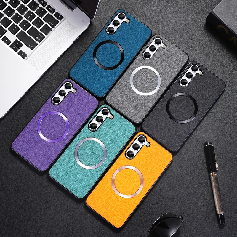 Shockproof Fabric Cloth Texture Magsafe Wireless Charging Case for Samsung Galaxy S24 Plus S23 S22, Slim Matte Magnetic Cover