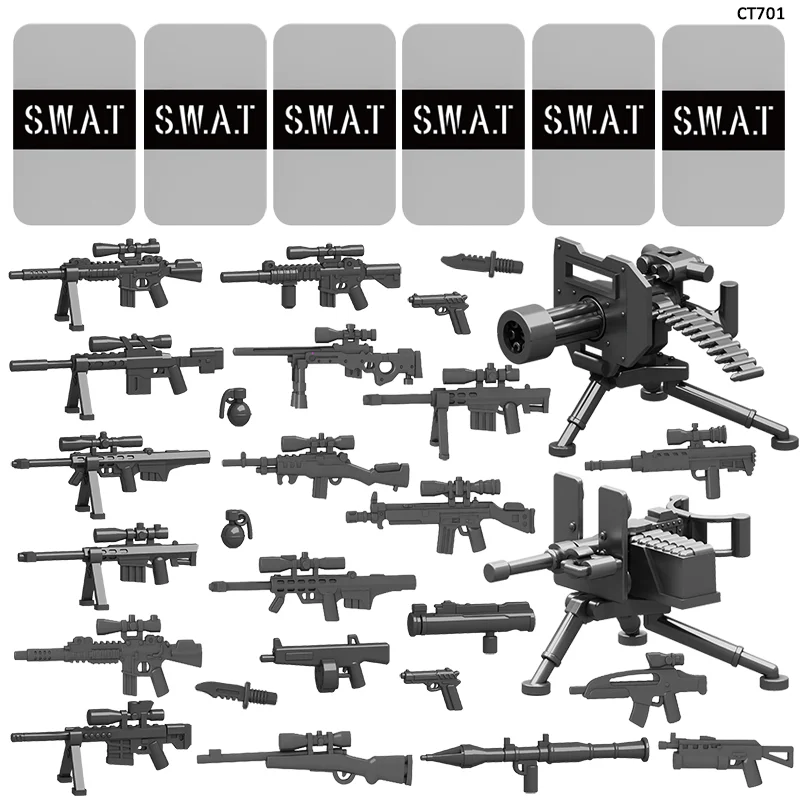 MOC armas militares, bloques de construcción, figuras de soldado, casco, chaleco, escudo, Gatling, ametralladoras pesadas, accesorios de ladrillos, juguetes DF006