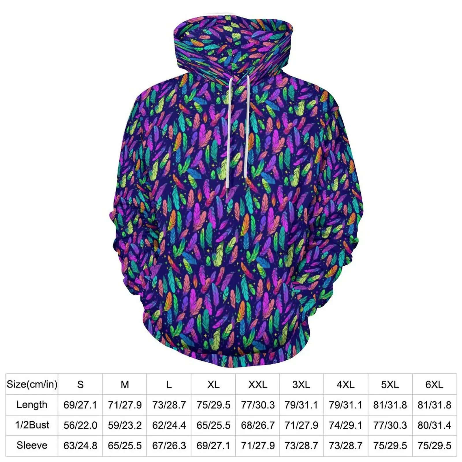 Colorful Feather Loose Hoodies Purple Bule Casual Hoodie Man Long-Sleeve Trendy Graphic Sweatshirts Plus Size 5XL 6XL