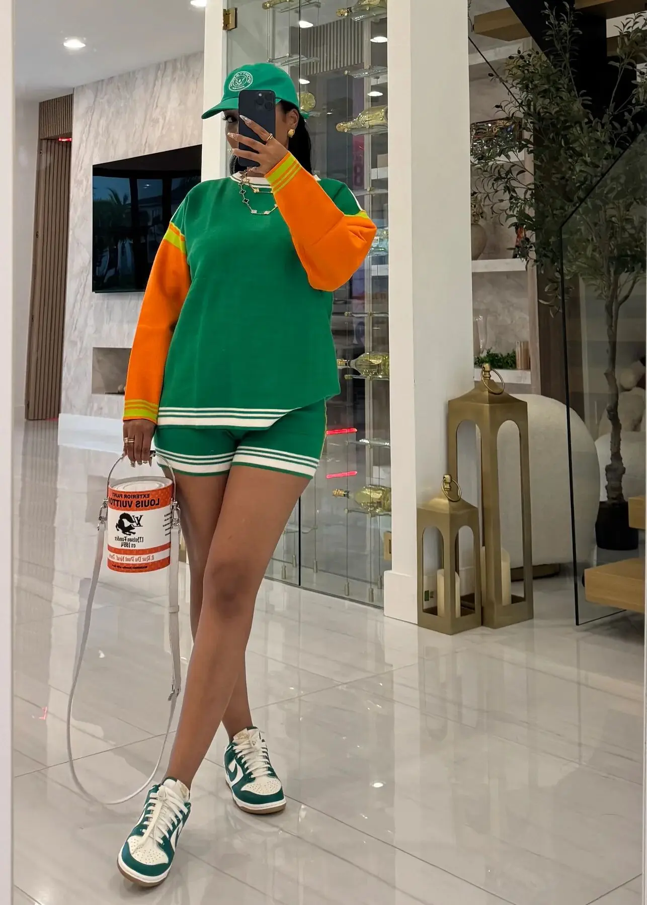 Women Set Fashion Contrast Color Long Sleeves Knitted Sweatshirt Top And Shorts Casual Two Piece Sets Women Tracksuits Set
