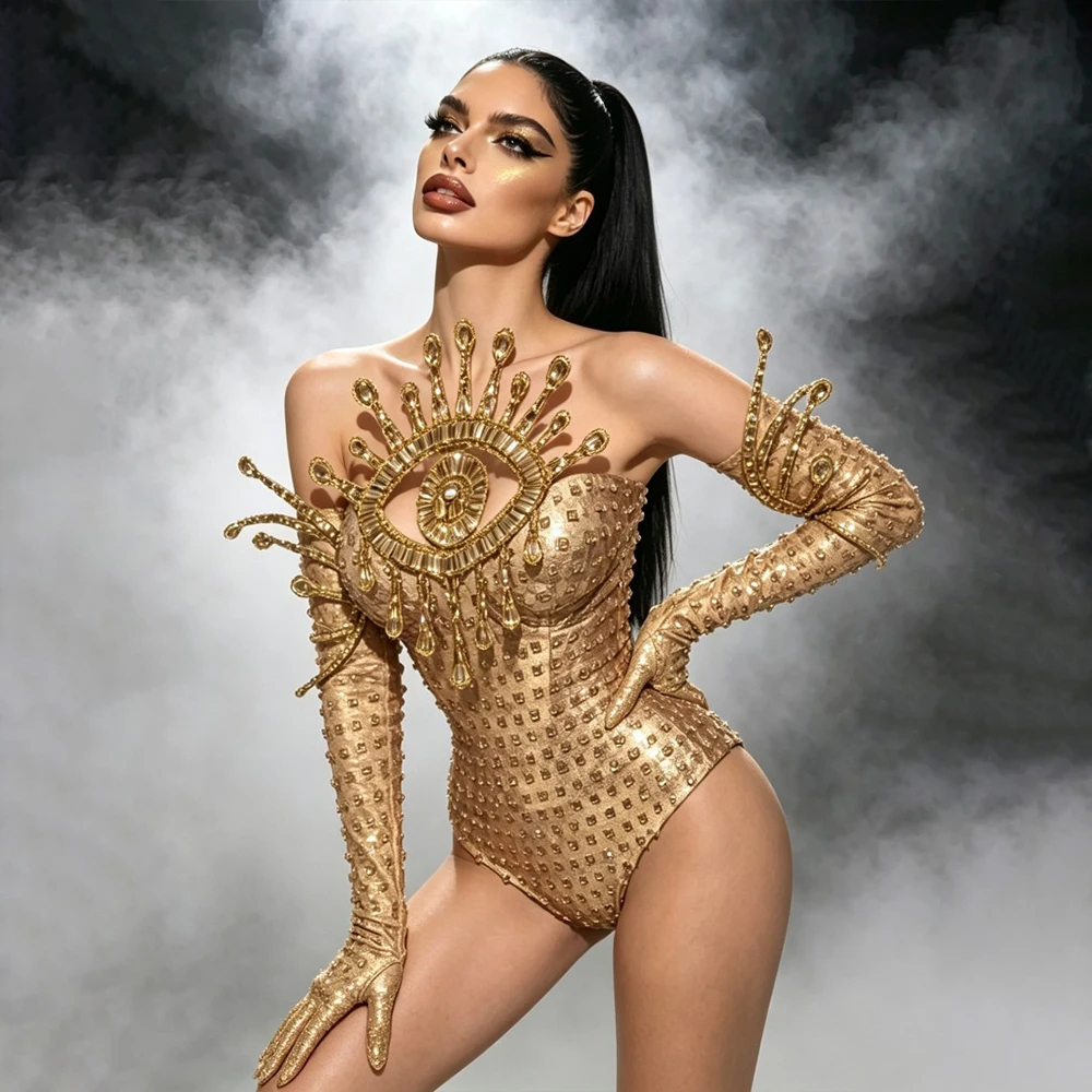 Trägerloser Gold-Strass-Bodysuit mit Augen- und Brustdekoration, lange Handschuhe, Damen-Sänger-Bühnenkostüm, Nachtclub-Party-Outfit