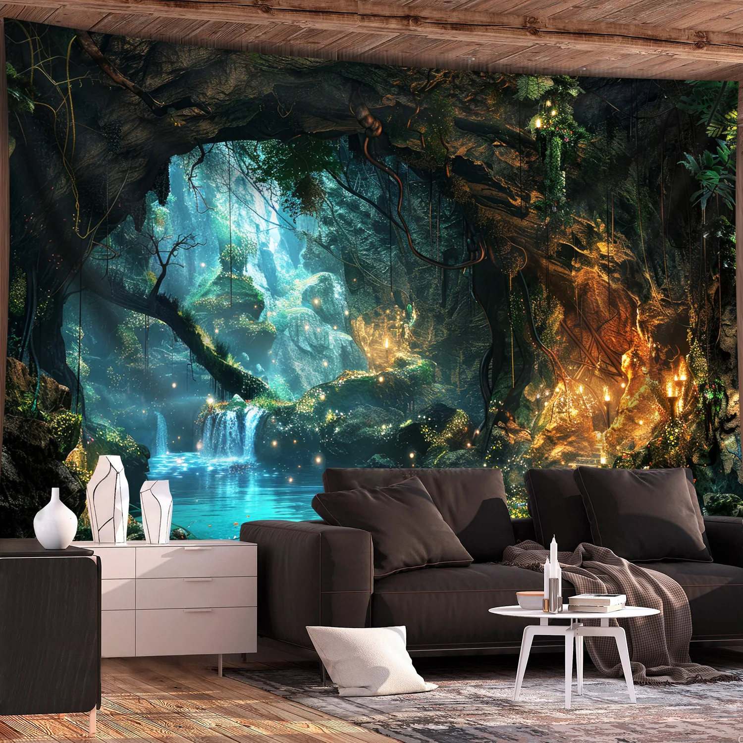 VIKAMA Fantasy Tree Hole Tapestry, Forest Landscape Print Wall Hanging, Enchanted Garden Home Decor For Bedroom And Living Room
