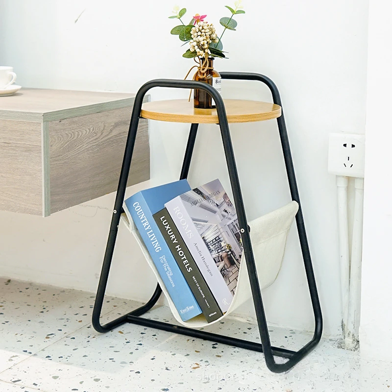 Japanese Iron Side Table with Linen Storage Bag Removable Wood round Tea Table Strong Bearing Simple Modern Sofa Bedside Table