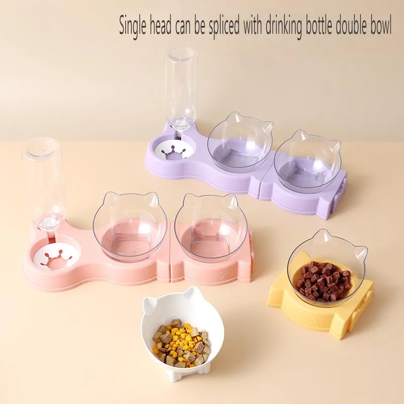 

Single head can be spliced with drinking bottle double bowl non-slip cat double bowl tilt rack feeding bowl kitten supplies