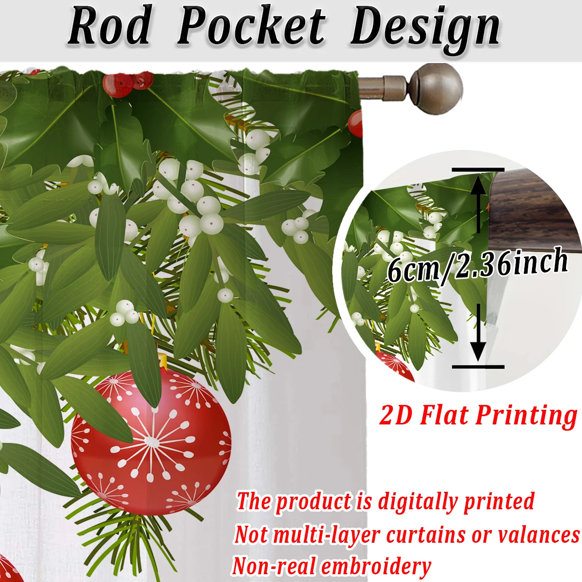 Kerst plat bedrukt doorschijnend gordijn met kerstbal dennentak voor woonkamer slaapkamer decor vakantiefeest