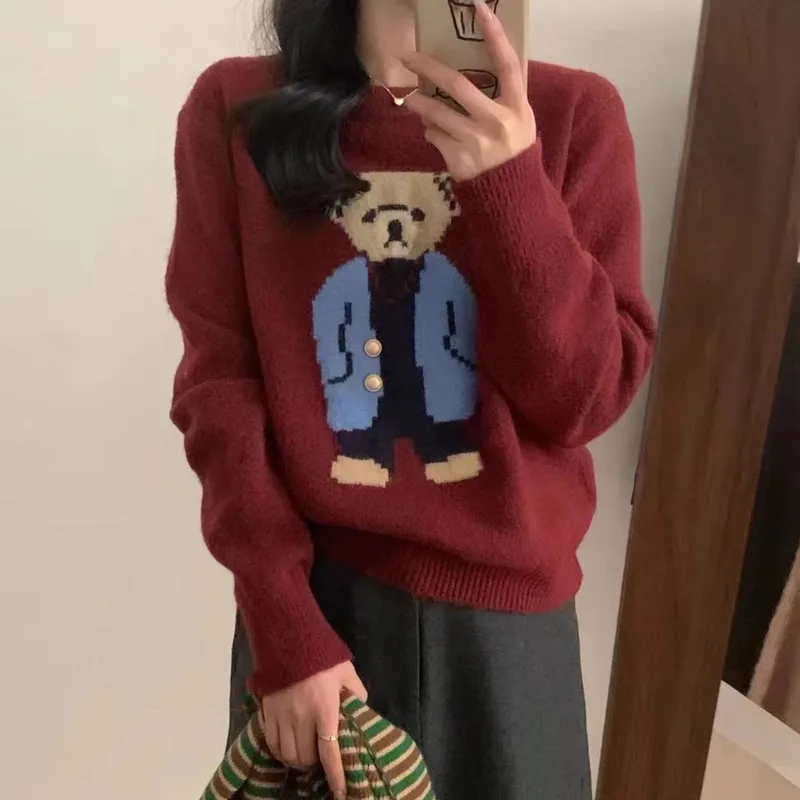 

Hsa Korean Jumpers cartoon bear jacquard oneck pullover sweater for women autumn and winter soft Knitted Pull Jumpers Loose Tops