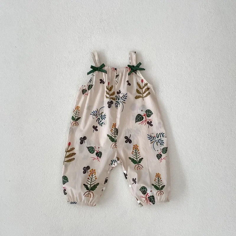 

Хлопковый комбинезон без рукавов с принтом на бретелях для новорожденных, свободный комбинезон с бантом, летняя одежда для маленьких девочек, От 0 до 3 лет