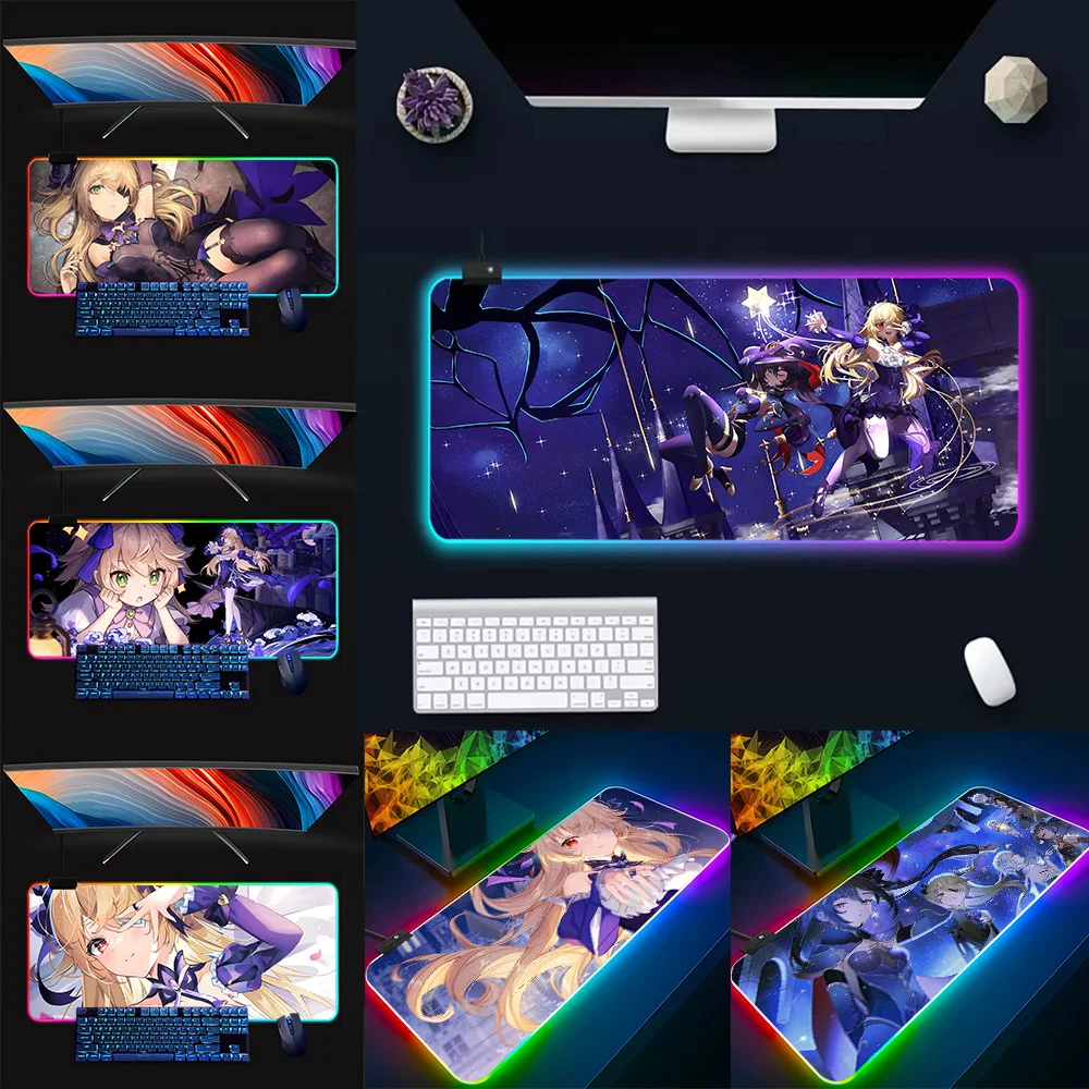 Fischl Genshin ImpactRGB Pc Gamer Keyboard Mouse Pad Mousepad LED Glowing Mouse Mats Rubber Gaming Computer Mausepad