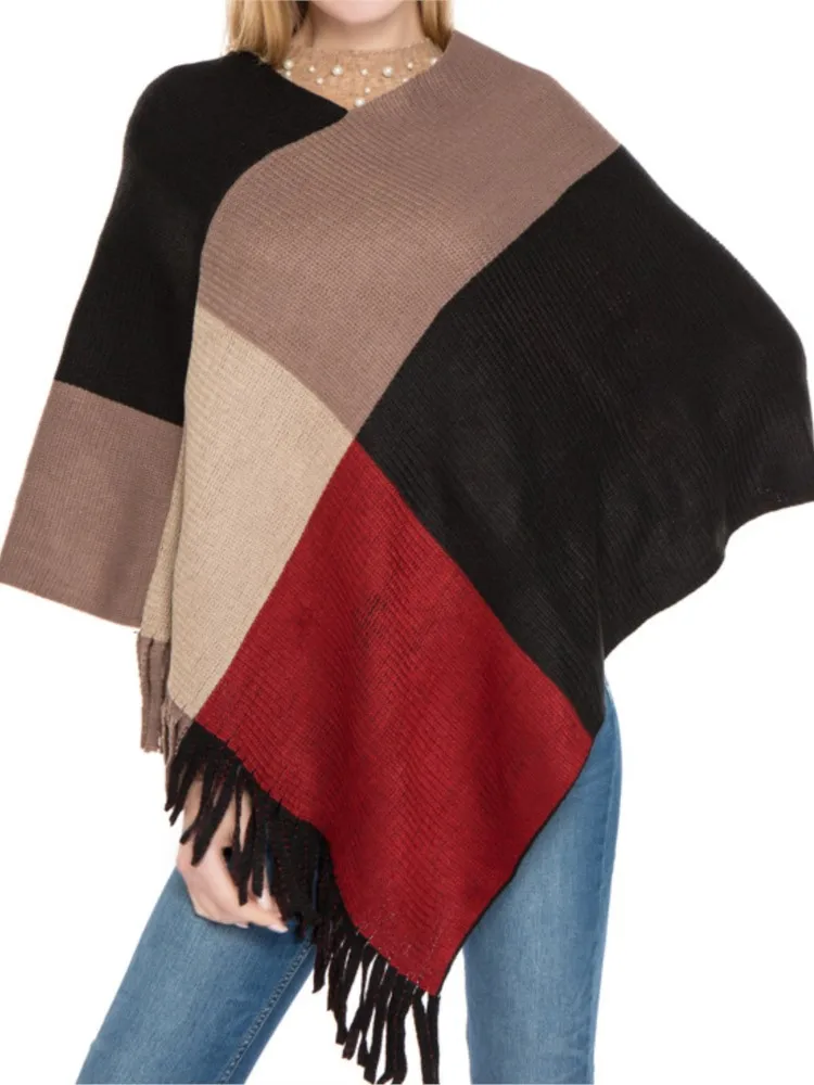 Europe United States Autumn Winter Women's Shawl Coarse Tassel Loop Yarn Knitted Lattice Warm Capes Lady Cape Ponchos For Women