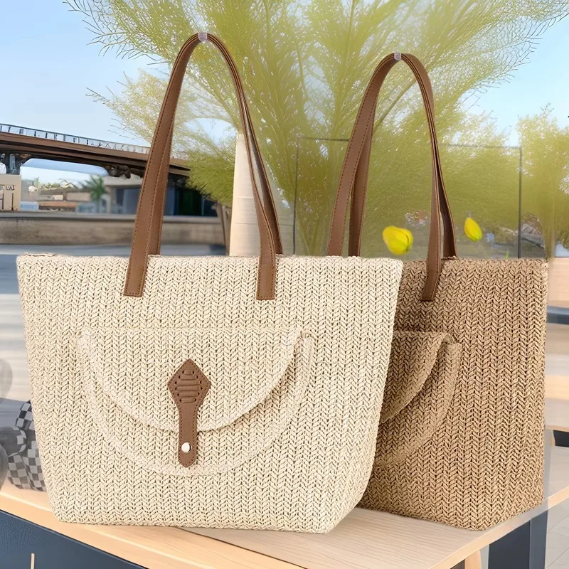 

Летняя тканая сумка на плечо, женская пляжная сумка на плечо, женская соломенная вязаная сумка ручной работы, большая вместительная сумка, дорожная сумка-тоут