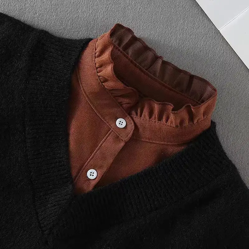 가을 겨울 기모 원단 포인티드 페이크 칼라 여성용 로터스 리프 장식 반셔츠 탈부착 가능한 칼라 액세서리