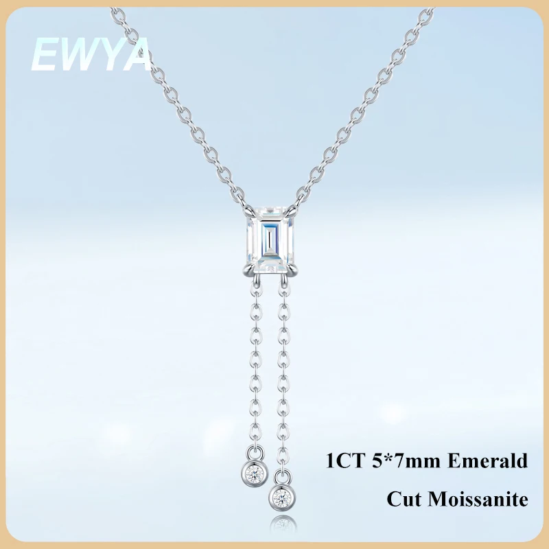 

Кулон-подвеска EWYA с муассанитом изумрудной огранки 1 карат для женщин, серебро 925 пробы, минималистичная цепочка с кисточкой, для свадьбы, вечеринки, изысканные ювелирные украшения