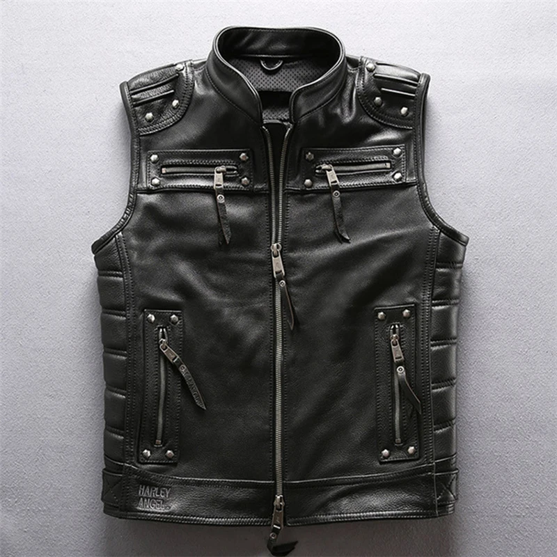 

Thickened head layer yellow cowhide vest men's gauntlet riveted motorcycle security riding luminous strip tough guy leather coat