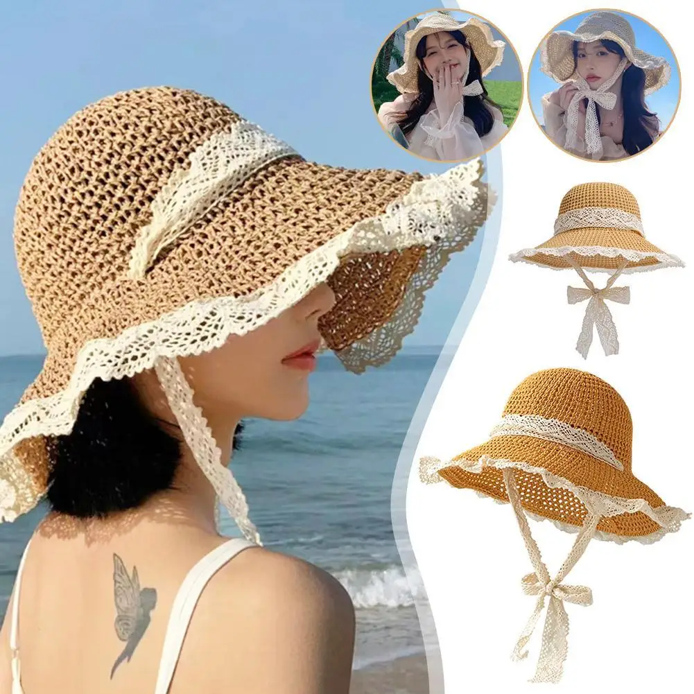 Sombrero de playa de paja de encaje de verano para mujer, sombrero plegable para el sol con ala ancha, sombrero de sombra con protección solar fresco y elegante, perfecto para viajes y vacaciones