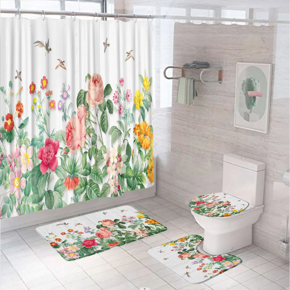 

Watercolor Flower Rose Shower Curtain Set Floral Bird Green Leaves Vintage Plank Bathroom Curtains Rug Toilet Lid Cover Bath Mat