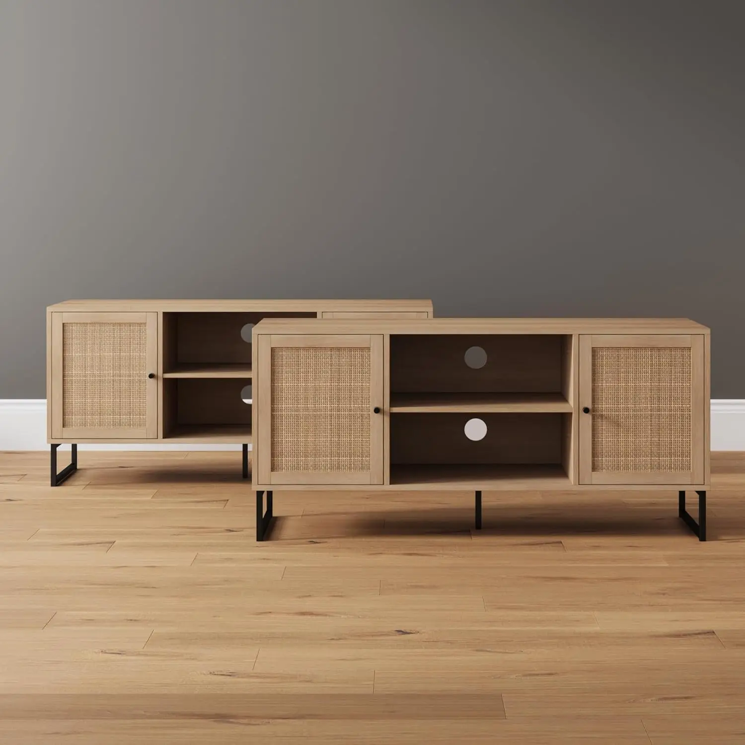 

Nathan James Mina Modern Entertainment Cabinet, Console with a Natural Wood Finish and Matte Accents with Rattan Storage Doors