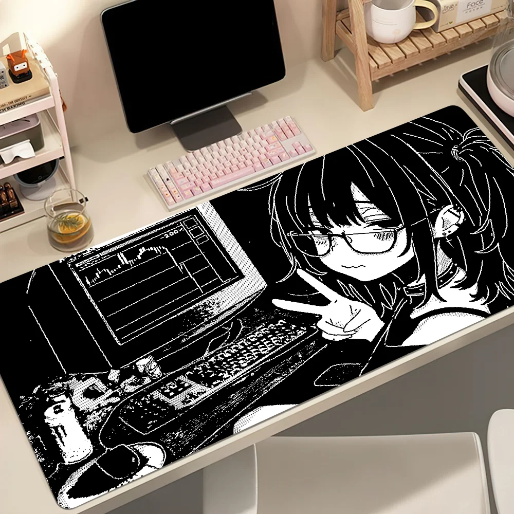 Y2K Anime Pixel Girl Black White Mouse Pad Non-slip Thickened MousePad Student Cushion Large Writing Gaming Lockedge Office
