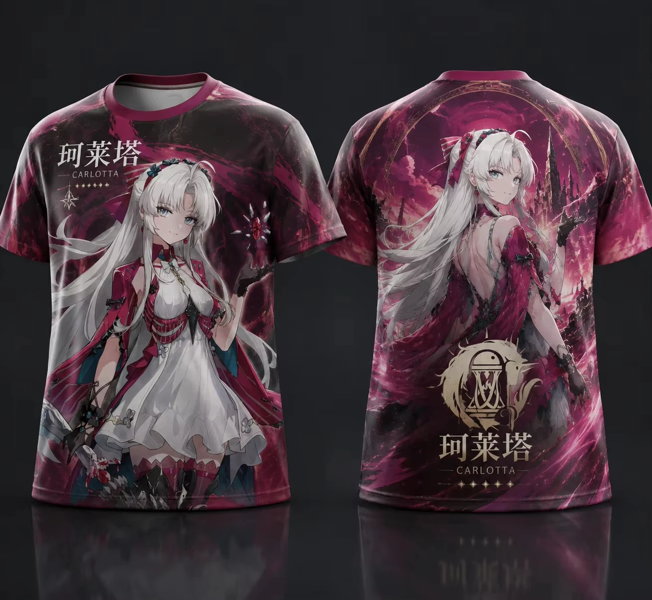 Mingchao Multi Character Collection Printed T-shirt Anime Front and Back Printed Short Sleeve Manga Exhibition Wear Loose Unisex